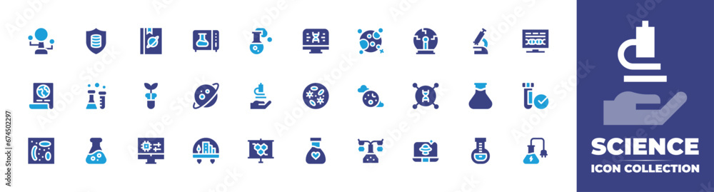 Science icon collection. Duotone color. Vector and transparent illustration. Containing data science, science, microscope, flask, sciences, planet, city, computer, test tube, chemical, book, chemistry
