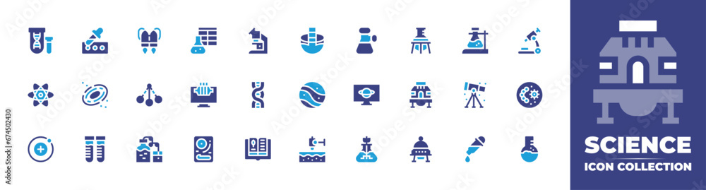 Science icon collection. Duotone color. Vector and transparent illustration. Containing jet pack, oscillation, distilling, flask, telescope, dropper, test, galaxy, test tube, microscope, petri dish.