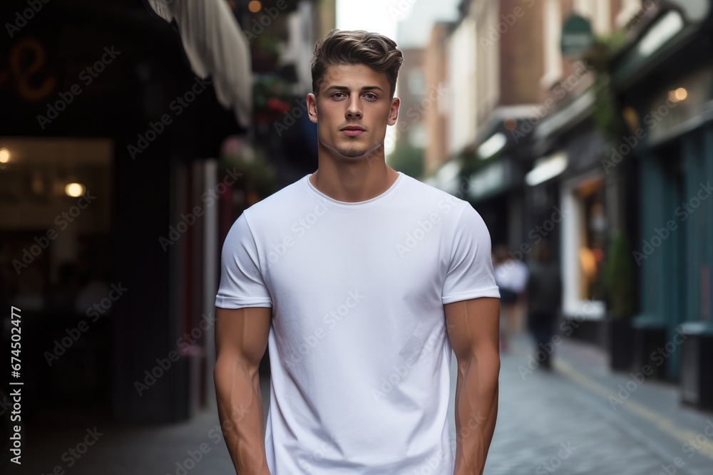 Male Model In White Cotton Tshirt On City Street Male Model In White Cotton Tshirt On City Street