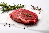 Generative AI : Raw beef steak with rosemary and peppercorns on white background