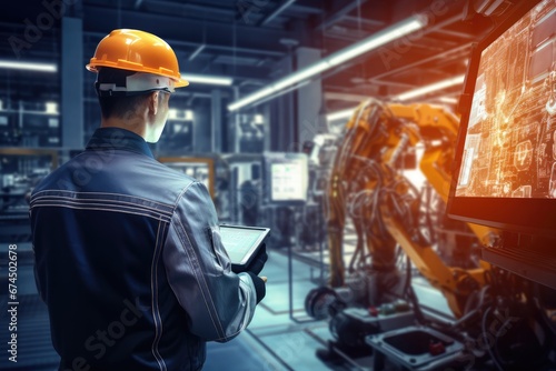 Manager Engineer Controlling Robot Arms In Intelligent Factory photo