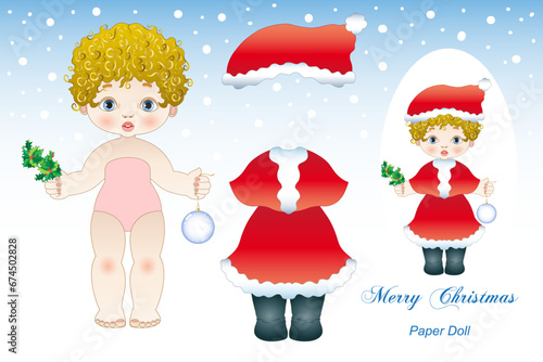 Illustration of a paper doll with Christmas clothes