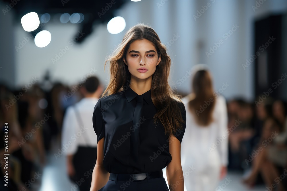 Model Strutting Confidently Down Catwalk During Fashion Show