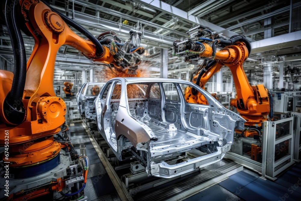 Modern Car Factory With Automated Robotic Arms And Conveyor Line Modern Car Factory With Automated Robotic Arms And Conveyor Line
