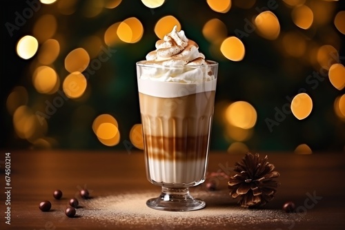 Generative AI : chocolate with whipped cream and chocolate pieces in a tall glass with a cinnamon stick on the background