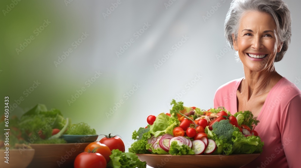 Mature woman holding vegan salad with many vegetables. Veganuary, Healthy lifestyle concept. Senior lady Portrait with healthy fresh vegetarian salad.. Mature woman holding vegan salad with many vegetables. Veganuary, Healthy lifestyle concept. Senior lady Portrait with healthy fresh vegetarian salad..