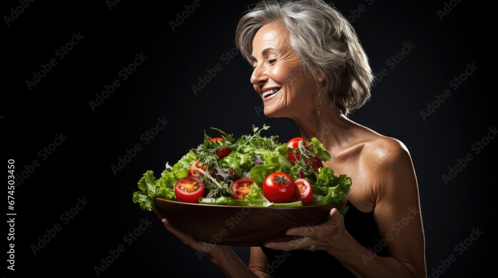Mature woman holding vegan salad with many vegetables. Veganuary, Healthy lifestyle concept. Senior lady Portrait with healthy fresh vegetarian salad.. Mature woman holding vegan salad with many vegetables. Veganuary, Healthy lifestyle concept. Senior lady Portrait with healthy fresh vegetarian salad..