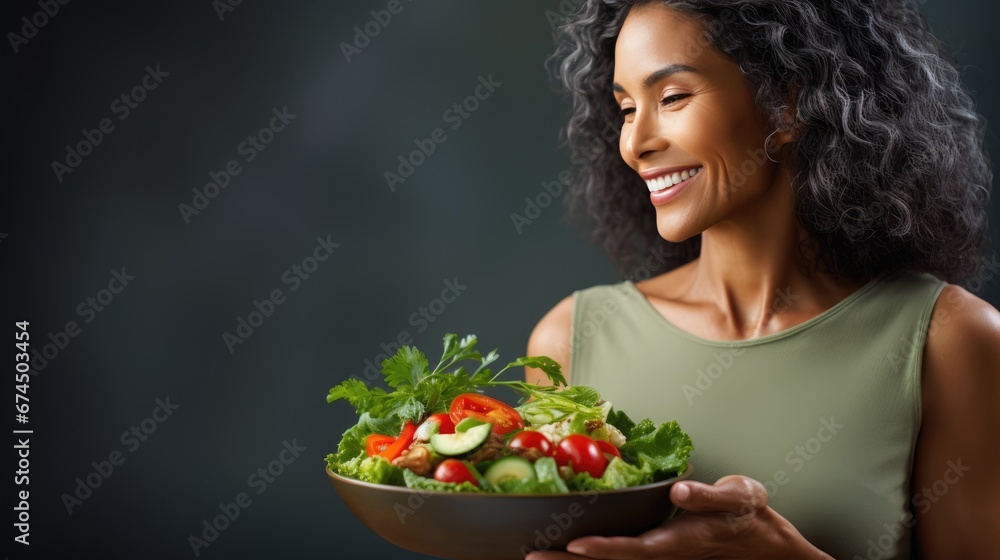 Mature woman holding vegan salad with many vegetables. Veganuary, Healthy lifestyle concept. Senior lady Portrait with healthy fresh vegetarian salad..