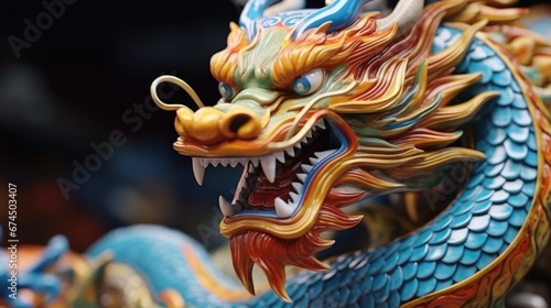 Blue wooden Chinese dragon statuette background. Navy Dragon s face of figurine. Happy  Chinese  new  year  2024 Wallpaper concept..