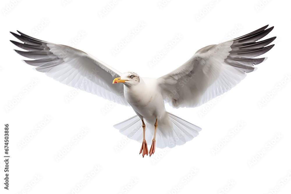 Obraz premium Generative AI : Flying seagull isolated on white background
