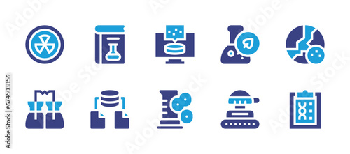 Fototapeta Naklejka Na Ścianę i Meble -  Science icon set. Duotone color. Vector illustration. Containing science fiction, data science, biology, tank, nuclear, flask, moon, dna, sample, plant cell.