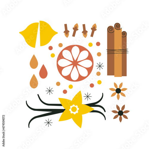 Set of spices for mulled wine. Cinnamon sticks, star anise, clove, citrus, vanilla. Spicy and healthy. Spices for making a winter drink. Vector illustration on white. Flat trendy abstract style.