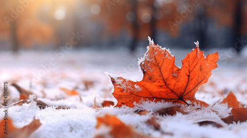 冬の背景、紅葉したかえでの葉に積もる雪 photo