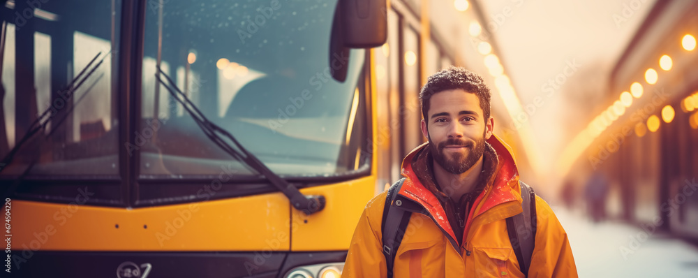 Young man travelling by bus in winter town.