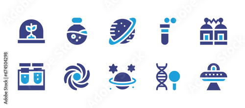 Science icon set. Duotone color. Vector illustration. Containing flask, black hole, saturn, space, chemical, dna, artificial intelligence, teleportation, test tube, ufo.