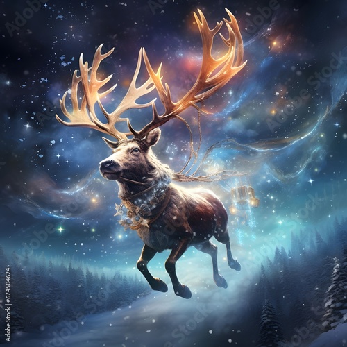 Digital painting of a reindeer in a night sky with stars