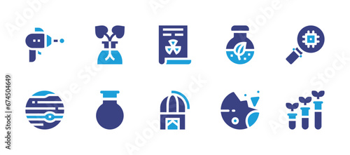 Science icon set. Duotone color. Vector illustration. Containing science, blaster, biomass, destroyed planet, jupiter, nuclear, observatory, research, test tube.