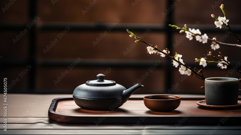 Tea ceremony, traditional teapot and ceramic cups on wooden tray on dark background with sakura blossoms. Generative AI Tea ceremony, traditional teapot and ceramic cups on wooden tray on dark background with sakura blossoms. Generative AI