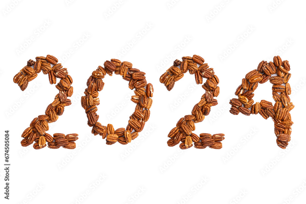 Calendar header number 2024 made of pecans on a white background. Happy New Year 2024 colorful background. Calendar header number 2024 made of pecans on a white background. Happy New Year 2024 colorful background.