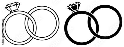 Two rings with diamond icon. Outline and silhouette ring. Wedding symbol.