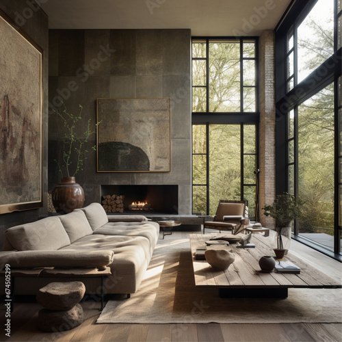 axel vervoordt style living room, quarter sawn oak, copper leather couches, with beige field stone fireplace and hickory floors, normal window trim, black accents, and cactus succulents