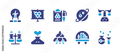 Science icon set. Duotone color. Vector illustration. Containing science, plasma ball, planet, city, flask, report, spaceship, chemistry.