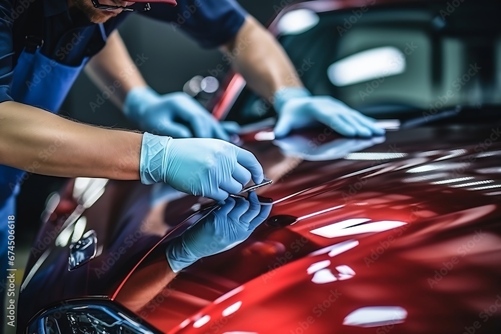 Generative AI : Workers applies car protection film on fender - obrazy, fototapety, plakaty 