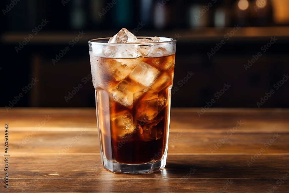 Generative AI : Iced coffee with ice cubes in glass on wooden table