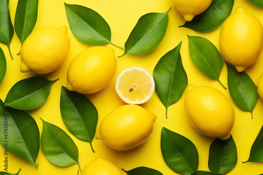 Generative AI : lemons, orange and green leaves on bright yellow background