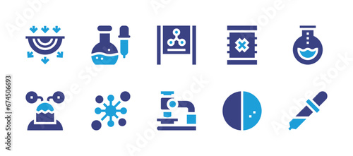 Science icon set. Duotone color. Vector illustration. Containing laboratory, molecule, toxic waste, half moon, flask, pipette, geology, alien, molecular biology, microscope.