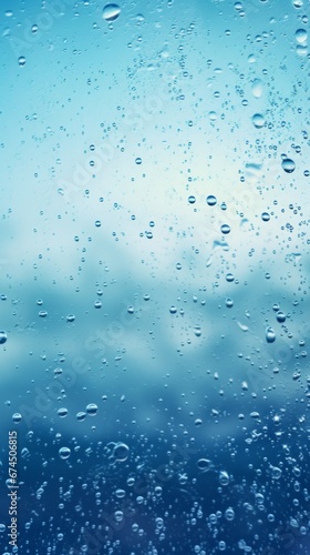 A close up view of the sky through the frosted glass of a few drops of water on the glass. Water drops on the window. © AI Studio