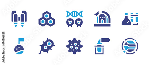Science icon set. Duotone color. Vector illustration. Containing cell  bacteria  virus  cloning  jet pack  planet  observatory  test tube  chemistry.