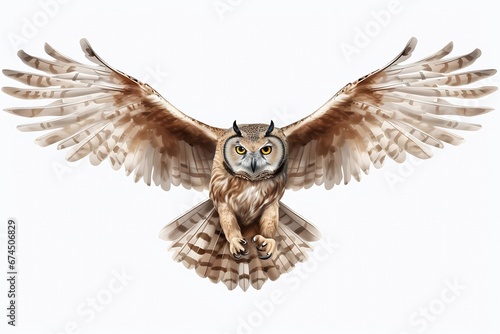 Generative AI : Front view of a Great Gray Owl flying, isolated on white