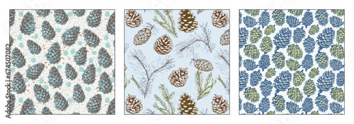 Fotografia blue, ornamental pine cones seamless pattern, in the style of engraved line-work, shaped canvas, naturalist, naturalist aesthetic, dark white and green