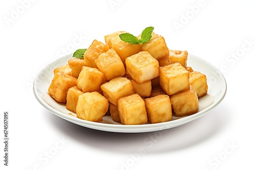 Generative AI : Plate with delicious fried tofu and basil on table_