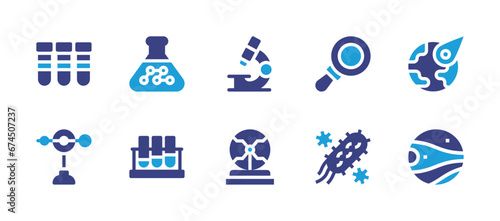 Science icon set. Duotone color. Vector illustration. Containing material, test tubes, meteorite, planet, magnifying glass, bacteria, model, microscope, plasma ball.
