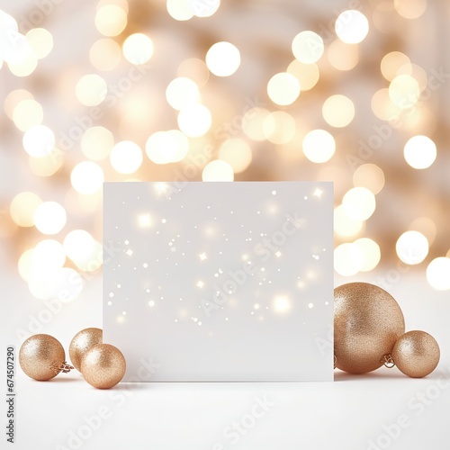 organic photo vertical Christmas card mockup, white background, bokeh fiary lights, minimalistic photo