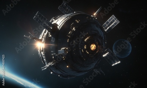 Grafika 10K. Stacja orbitalna w przestrzeni kosmicznej na tle planety i dużej gwiazdy. Statek kosmiczny wchodzi w orbitę Ziemi w Układzie Słonecznym.
