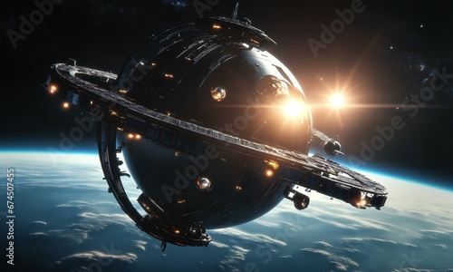 Grafika 10K. Stacja orbitalna w przestrzeni kosmicznej na tle planety i dużej gwiazdy. Statek kosmiczny wchodzi w orbitę Ziemi w Układzie Słonecznym. © Roman Trojanowski