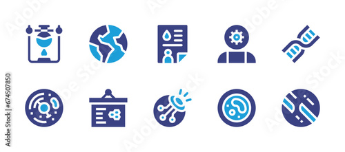 Science icon set. Duotone color. Vector illustration. Containing earth, presentation, artificial intelligence, petri dish, dna, medical report, eyeball, venus, experiment, cell.