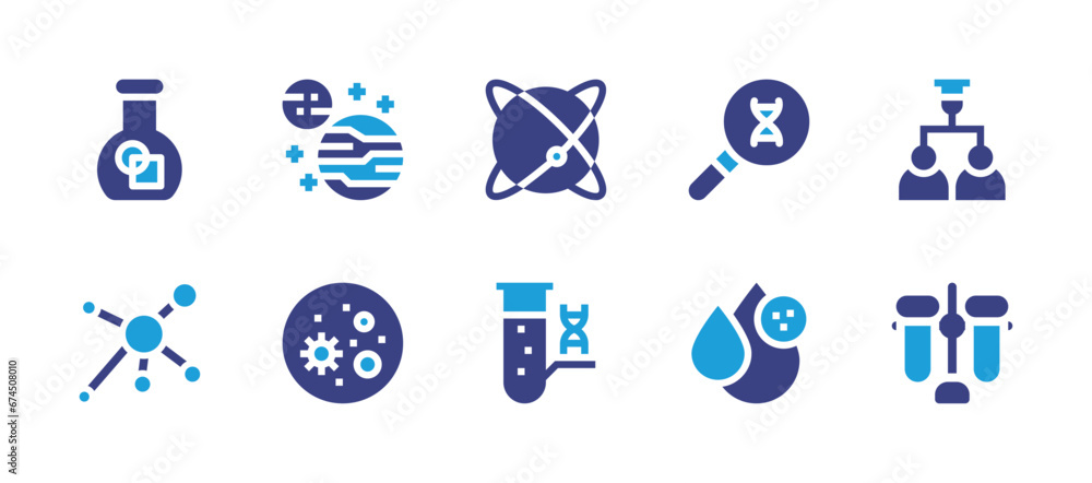 Science icon set. Duotone color. Vector illustration. Containing flask, molecule, planet, virus, test tube, experiment, research, water.