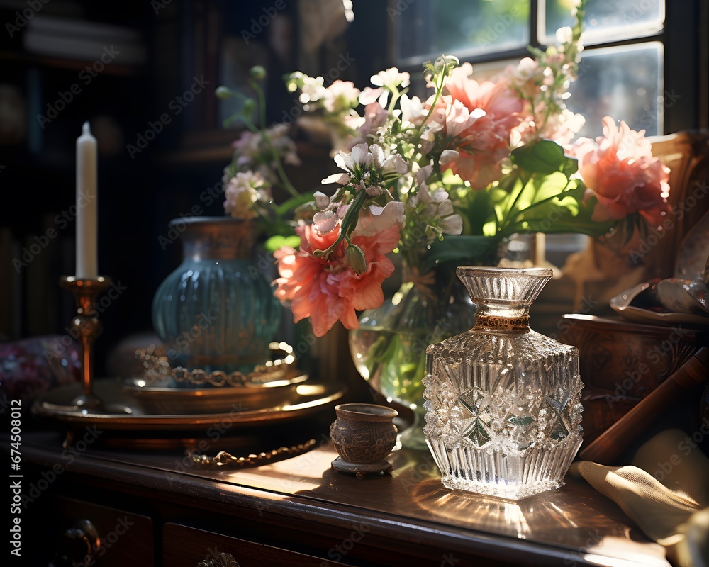 Vintage still life with flowers and candlesticks on the table