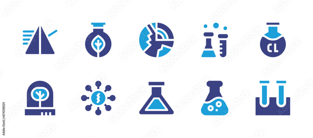 Science icon set. Duotone color. Vector illustration. Containing science, flask, incubator, samples, ultra chlorine, prism, biology, bacteria, geology.