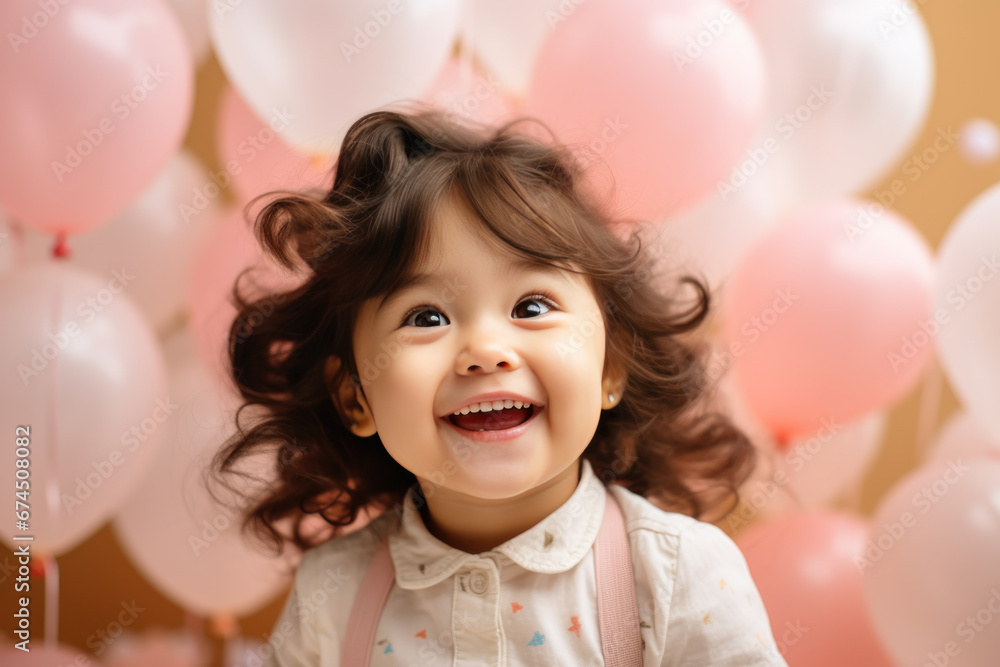 Happy brunette little girl excited looking up in the balloons Happy brunette little girl excited looking up in the balloons