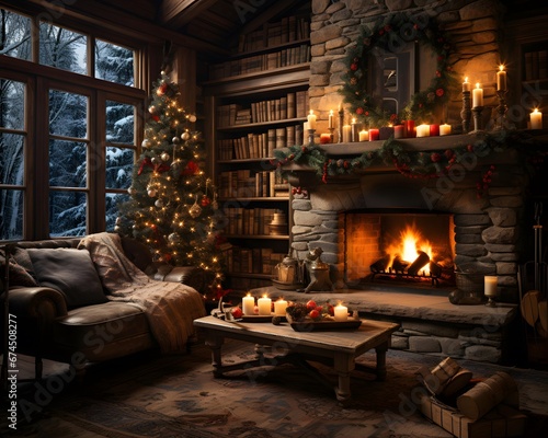 Christmas and New Year holidays background. Living room decorated with Christmas tree  fireplace  gifts  candles. 3d render