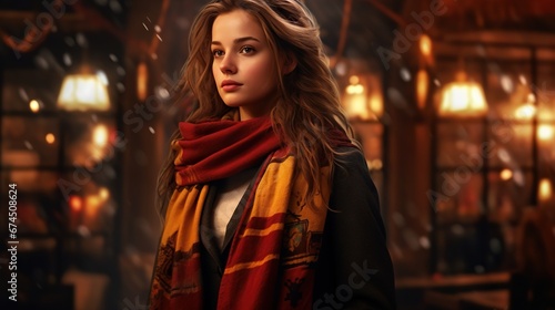 very beautiful girl, harry potter character, student's mantle, gryffindor scarf, magic, christmas, snow falling
