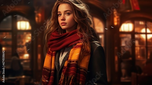 very beautiful girl, harry potter character, student's mantle, gryffindor scarf, magic, christmas, snow falling  © wiga