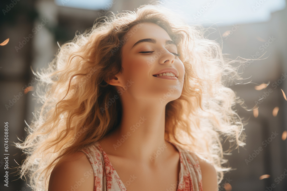 A blonde woman breathes calmly looking up enjoying summer season A blonde woman breathes calmly looking up enjoying summer season