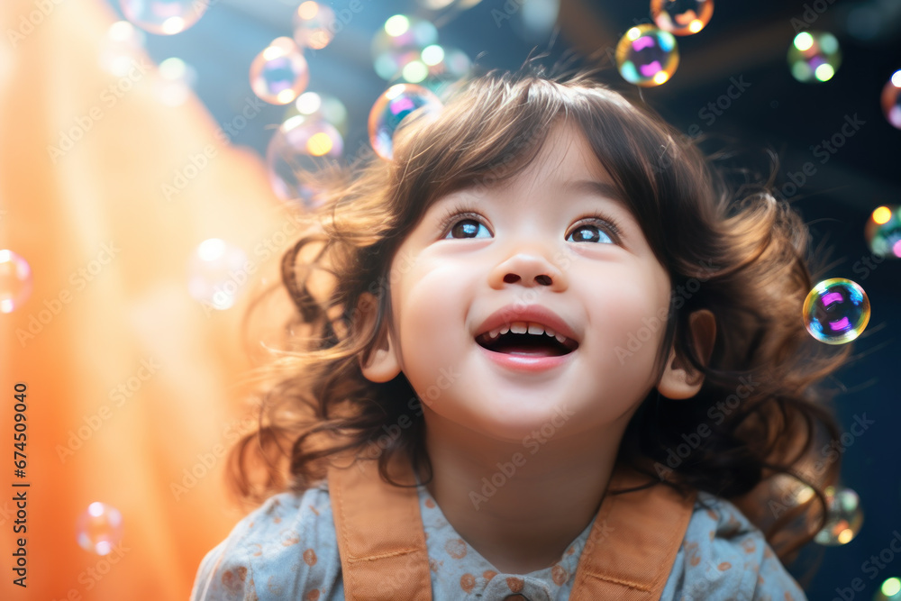 Happy asian little girl excited looking up in the bubbles