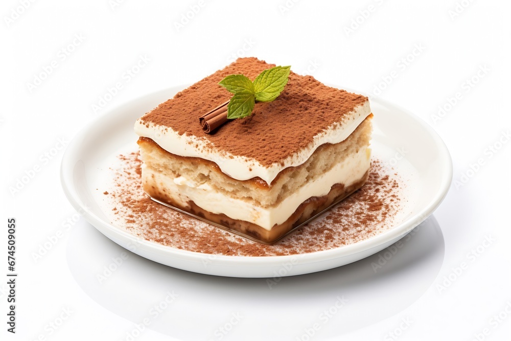 Generative AI : Tiramisu on a plate isolated on transparent or white background. Generative AI : Tiramisu on a plate isolated on transparent or white background.